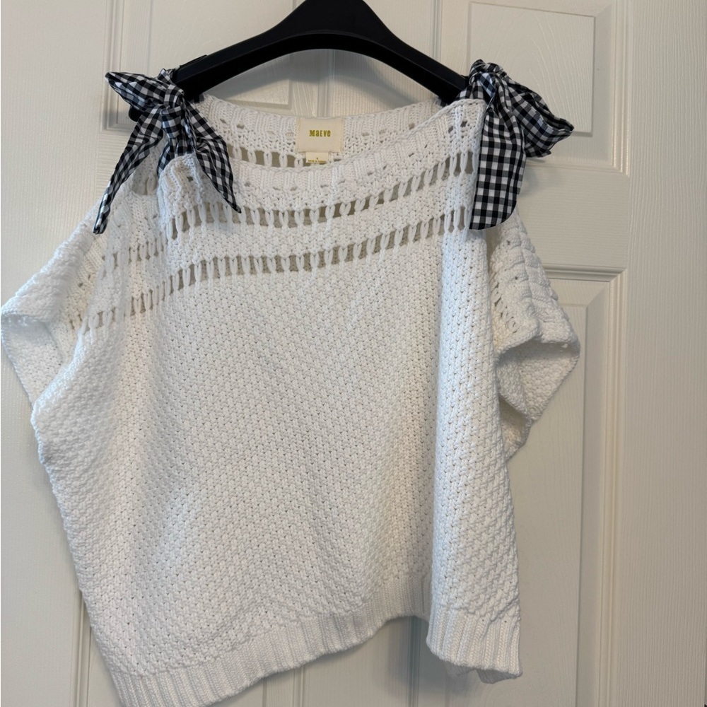 Anthropologie White Knit Top with Black Gingham Bows